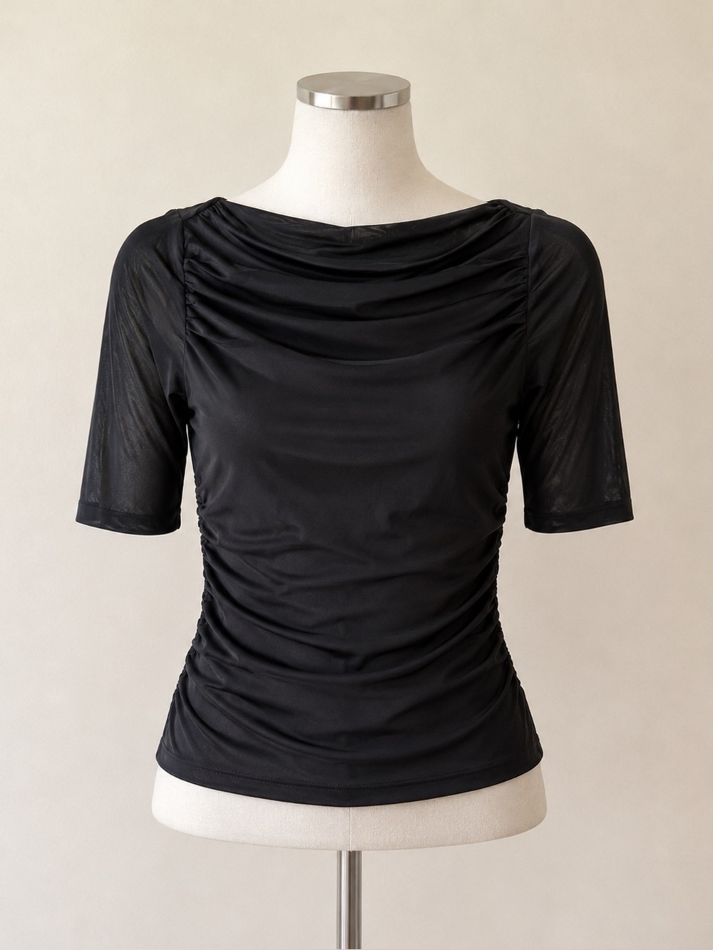 LOFT Black Mesh Ruched Cowl Neck Top Short Sleeve NWT Size S